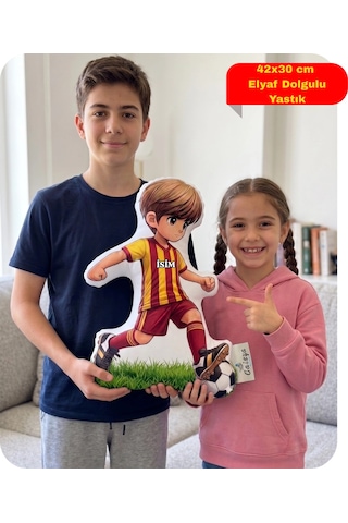 Taraftar Yastık Sarı Kırmızı Formalı Futbolcu Figür İsimli Yastık Çift Yön Baskılı Yastık 42x30cm Kırmızı - Sarı