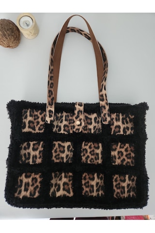 Fikriharika Design Leopar Desenli, Kürk İp, Büyük Boy, Kadın Omuz Çantası Siyah - Leopar