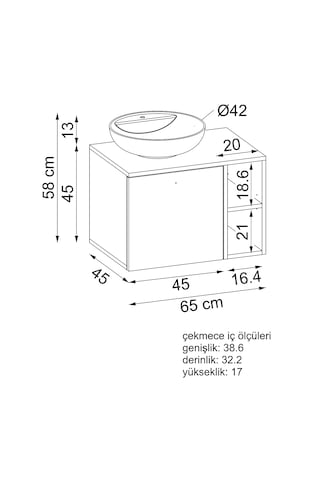 Ayaksız Lavabolu Mdflam 65 Cm Çekmeceli Banyo Dolabı Atl Atlantik Çam