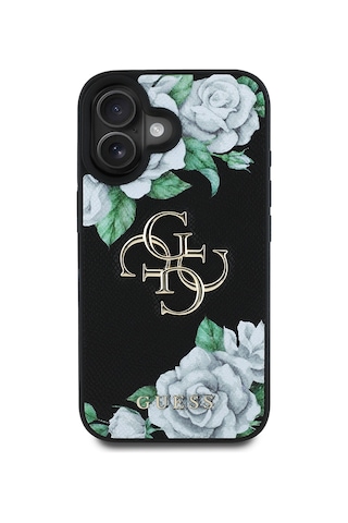 Apple Uyumlu iPhone 16 Kılıf Guess Lisanslı Gül Baskılı Büyük Metal Logo Dizaynlı Kapak Siyah