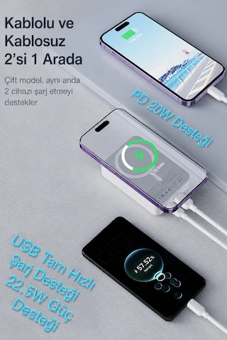 Exenar - Beyaz - 15w Kablosuz Şarjlı Powerbank Standlı Magsafe Pd 20w Hızlı Şarj 10.000 Mah Dijital Göstergeli