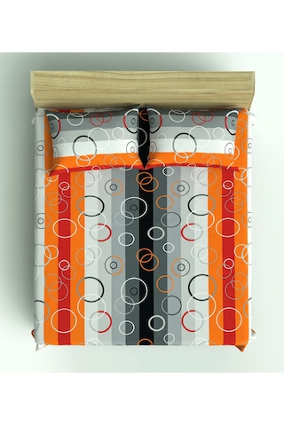 Maki Home %100 Pamuklu Çift Kişilik Çarşaf 160x200+2 50x70 Turuncu Ve Gri Çizgili Geometrik Halka Desenli Çok Renkli