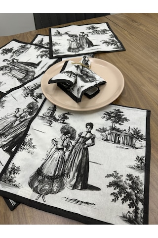 Toile De Jouy Paris Amerikan Servis 6 Lı Set 30x30 Cm %100 Pamuk Dijital Baskılı Klasik Fransız Tarzı Masa Dekoru - Zt720 Siyah