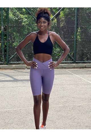 Lismina Eflatun Beli Çapraz Tasarımlı Bisikletçi Taytı - Biker Tayt Eflatun-Lacivert