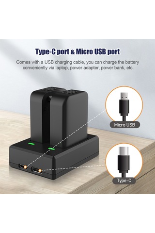 Monyee Sjcam C300 Şarj Cihazı - Çift Yuvalı, Led Göstergeli, Micro Usb & Type C Girişli, 2 Adet 1000mah Pil Dahil