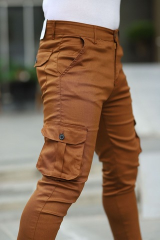 Slim Fit Körüklü Cep Paça Lastikli Esnek Kumaş Erkek Kargo Pantolon Hardal