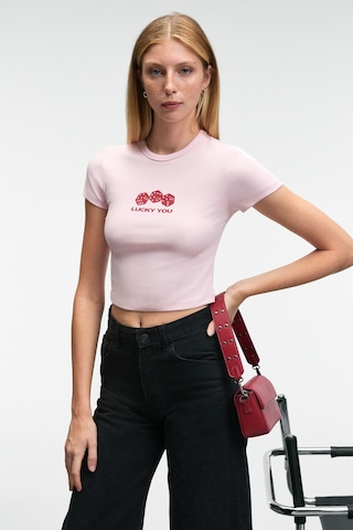 Ethıquet NOVELLE Kadın Bisiklet Yaka Kısa Kollu Önü Baskılı Crop Pembe T-Shirt