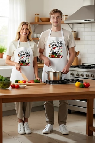 Kadın Aşçı Önlüğü Karikatür Kedi Baskılı Mutfak Temalı Unisex Rah Beyaz