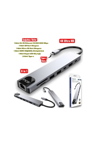 Technow 8 İn1 4k Ultra Hd Type C Usb 3.0 Hub Hdmı Rj45 Sdtf Adaptör Çoklayıcı
