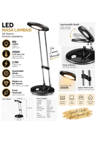 Led Masa Lambası 3.3w 180 Lumen 3000k Sıcak Siyah Ayarlanabilir Başlıklı Çalışma Ve Ders Lambası