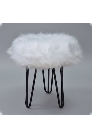 Beyaz Peluş Puf Tabure, Siyah Renk Metal Ayaklı Yumuşak Oturma Pufu 38x37 Cm - Yatak Odası, Salon Pufu Beyaz