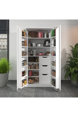 90 Derece Açılabilir 2 Kapaklı, 3 Çekmeceli, Kavanoz Raflı Kiler Ve Erzak Mutfak Dolabı Beyaz
