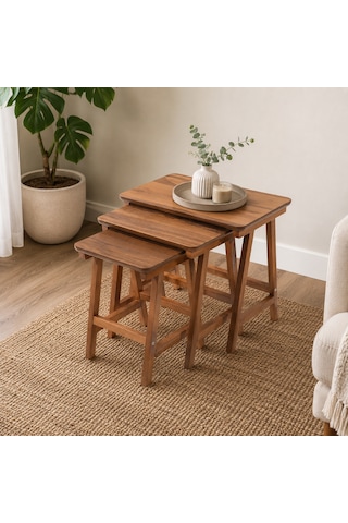 Ganni Home Alvis Zigon Sehpa Ceviz Ceviz Ahşap İskeletli Modern 3 Lü Sehpa Seti