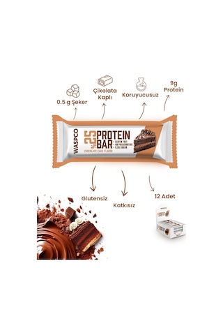 Waspco Bitter Çikolata Kaplı Çikolatalı Kek Aromalı Protein Bar 36G x 12 Adet
