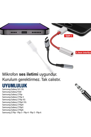 Samsung Uyumlu Zflip 3-4-5-6 3.5mm Çevirici Kulaklık Dönüştürücü Type-c