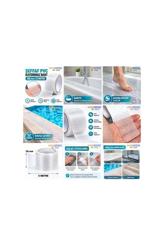 Pvc Iç Mekan Banyo Küvet Havuz Kenarı Kaydırmaz Bant 50mm X 5mt Şeffaf Bant Marketim