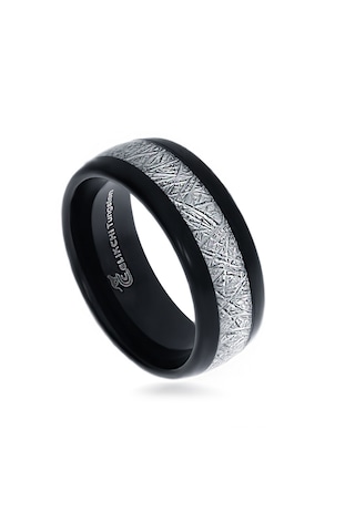 Erkek Beyaz Çizgi Detay Tungsten Yüzük Siyah