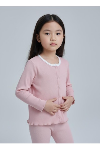 Kız Çocuk Fitilli %100 Pamuklu Düğmeli Hırka Gül Kurusu