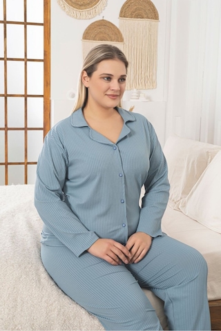 Büyük Beden Boydan Düğmeli Kaşkorse Kumaş Pijama Takımı Mavi
