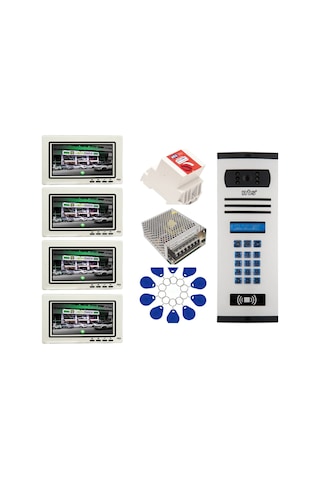 4 Daire Nts 2015-b 7'' Görüntülü Diafon Beyaz-8004 Tuş Takımlı Şifreli+geçişli Zil Panelli Set