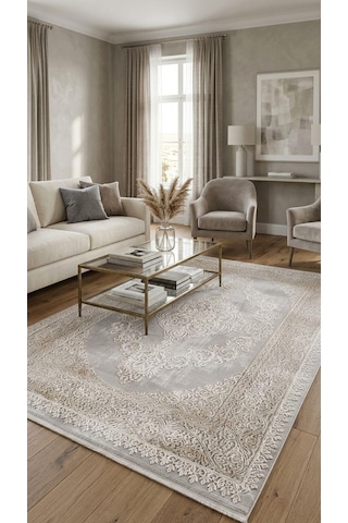 By Özer Halı Gri Renk Gold Bordürlü Klasik Artemis Halı Dior 05860e Salon Halısı Çok Renkli