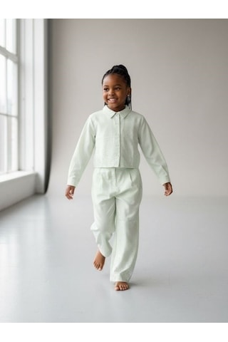 Zekids Kız Çocuk Taş Detaylı Tasarım İnce Dokulu Ceket Ve Pantolonlu Takım-17170 Mint