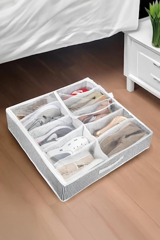 2 Adet Yatak Altı Ayakkabı Saklama Çantası Hurç Fermuarlı 58x58x12cm Gri-beyaz
