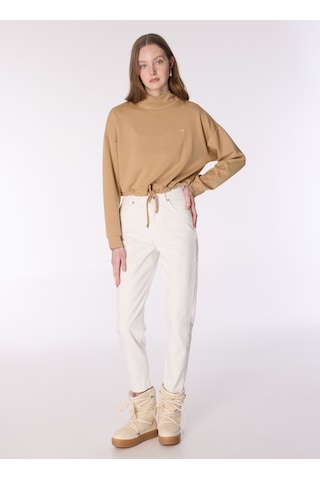 Mustang Bej Kadın Dik Crop Baskılı Sweatshirt M4wl-swt-1006