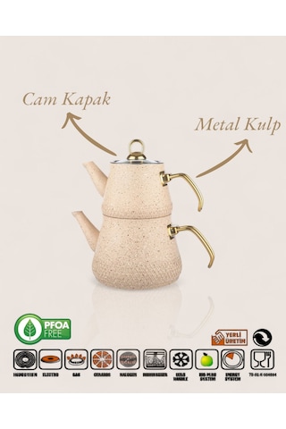 Enashop Granit Kaplama Gold Kulplu Cam Kapak Çaydanlık Krem Krem