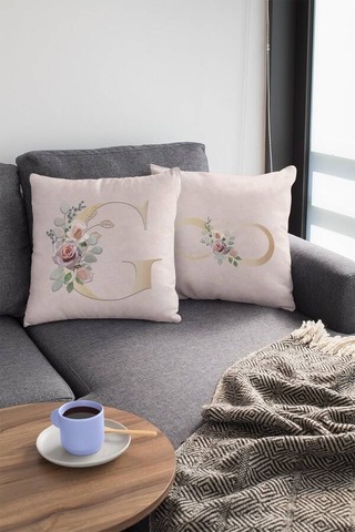 Çift Taraflı Bej G Harfli Yastık Kırlent Kılıfı Krl538n11