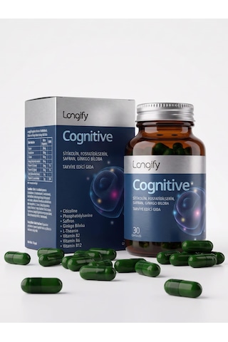 Longify Cognitive Sitikolin, Fosfatidilserin, Safran, Ginkgo Biloba, L-teanin, B2, B6 Ve B12 Takviye Edici Gıda 30 Kapsül