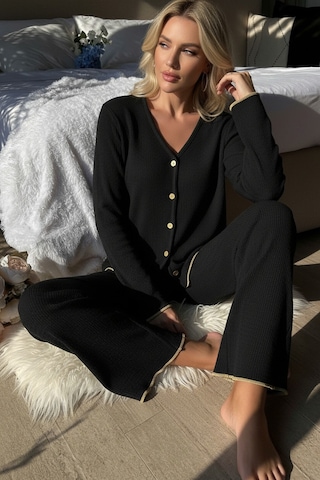 Epilons Zenvial Premium Kadın Fitilli Pijama Takımı Siyah Gold Biye Detaylı, Yumuşak Dokulu Ev Şıklığı Zenviall2