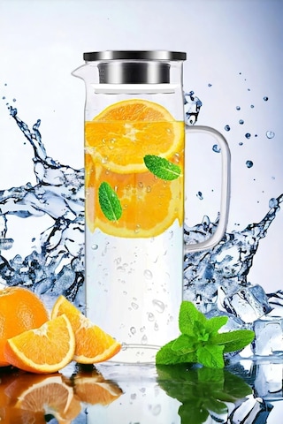 Retro Cam Sürahi Kulplu Çelik Kapaklı Soğuk Sıcak Kokteyl Meşrubat Borosilikat Cam Sürahisi 1500 Ml