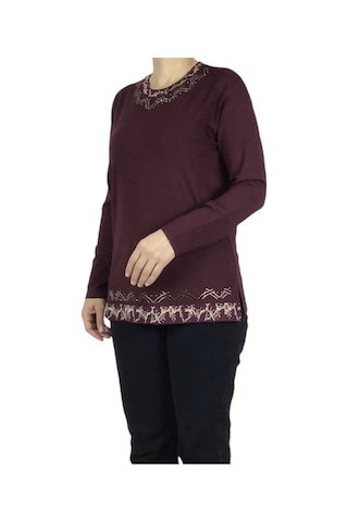 Kadın Yaka Ve Etek Desenli Taşlı Likralı Bluz-arpbattal2 Bordo