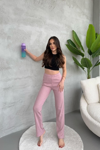 Kadın Gül Kurusu Yüksek Bel Fitilli Bol Paça Günlük İnce Eşofman Altı GÜL KURUSU