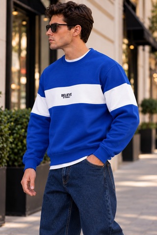 Cool Tarz Erkek Şerit Detaylı Believe Baskılı 3 İplik Şardonlu Bisiklet Yaka Sweatshirt Saks Saks