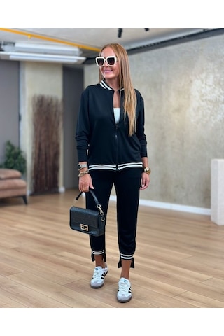 Kadın Iki Iplik Penye Kumaş Fermuar Detaylı Ribanalı Ikili Takım Siyah