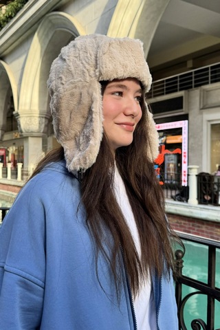 Mollycrush Genç Bej Peluş Pilot Şapka Uniseks Trend Kulaklıklı Kışlık Ushanka Model Bej