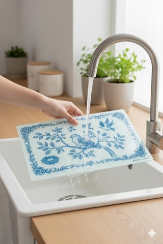 Cam Kesme Tahtası Sofra & Mutfak Kesme Tahtası Sunum Tahtası Cam Doğrama Tahtası Sunumluk Beyaz - Mavi