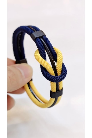 Sarı Lacivert Taraftar Temalı Deri&makreme Düğümlü Bileklik Net 21cm Sarı - Lacivert