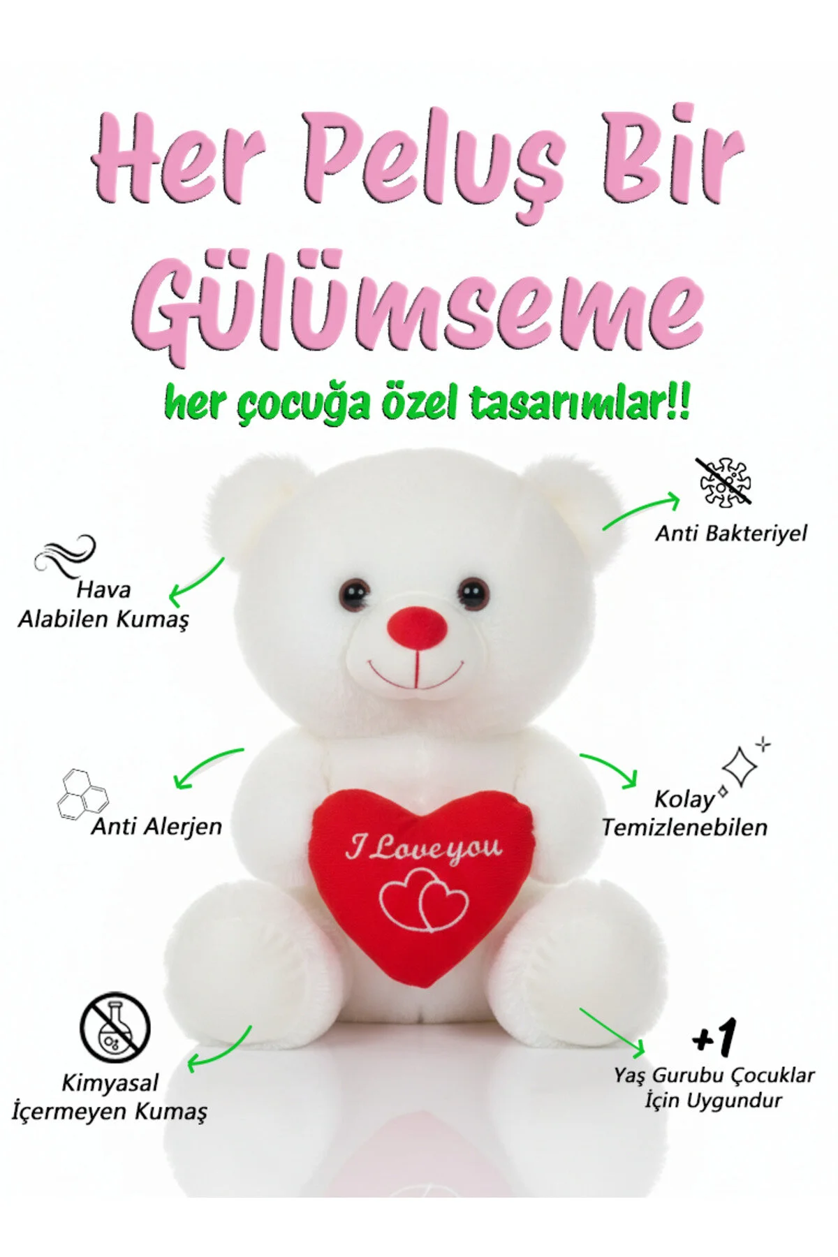 Ayıcık Kalpli 35cm - Sevimli & Yumuşak Beyaz
