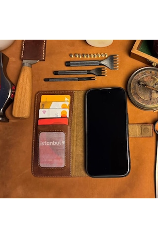 Bideri Patara Apple Uyumlu iPhone 17 Hakiki Deri Cüzdan Kılıf Kahverengi