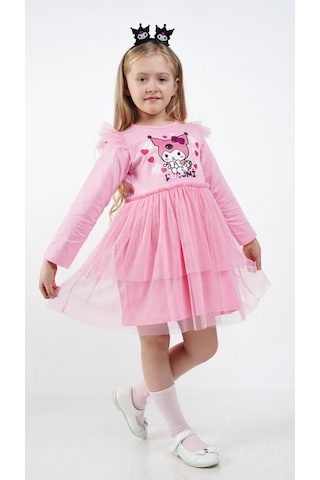 Kuromi Pembe Tül Detaylı Kız Çocuk Elbisesi Pembe