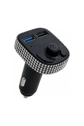 Araç İçi Kristal Gümüş Taşlı Fm Transmitter Bluetooth 2 Usb Oto Çakmaklık