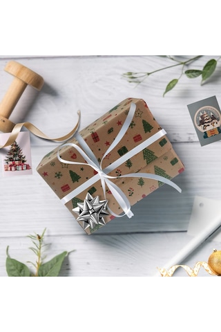 İtalyan Hediye Paketleme Kağıdı, Kraft Ev, Çam, Çiçek Desenli Amb