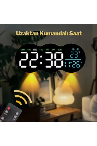 Etashop Uzaktan Kumandalı Bulut Led Duvar Saati Ortam Işıklı Büyük Dijital Ekran Çift Alarm Sıcaklık Siyah