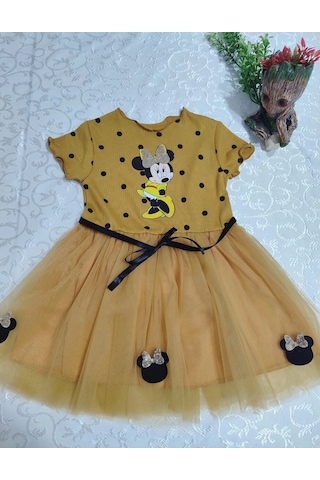 Colezium 2-3-4 Yaş Puantiyeli Mickey Baskılı Kurdela Kuşaklı Astarlı Kız Bebek Tütü Elbisesi Hardal Renkli