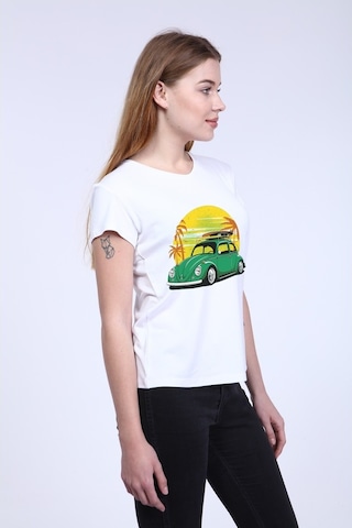 Newdesigner Kadın Beyaz Ön Araba Baskılı V Yaka Tshirt Beyaz