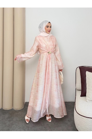 Mihran Butik Silk Model Kemerli Bilek Büzgü Desen Detaylı Kadın Elbise Pudra