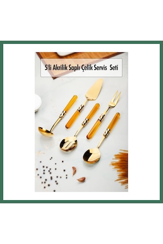 En-cag 5 Parça Gold Servis Seti & Servis Sunum Seti Amber Kepçe / Kevgir / Sıpatula / Çatal / Kaşık Bss